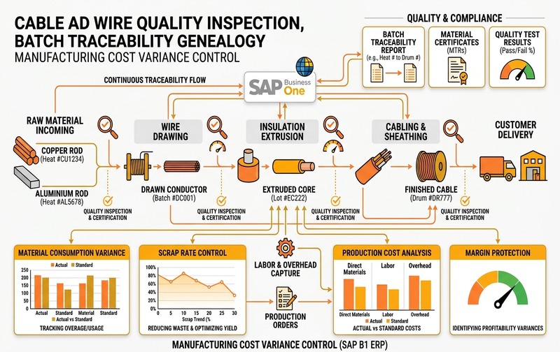 End-to-end quality inspection, heat batch traceability genealogy, and manufacturing cost variance control framework in SAP Business One ERP for cable and wire manufacturing.