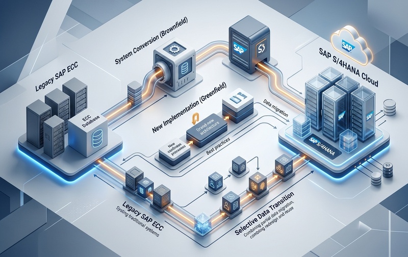 3D architectural diagram comparing SAP ECC to S/4HANA migration pathways: Brownfield system conversion, Greenfield new implementation, and Selective Data Transition into SAP S/4HANA Cloud.