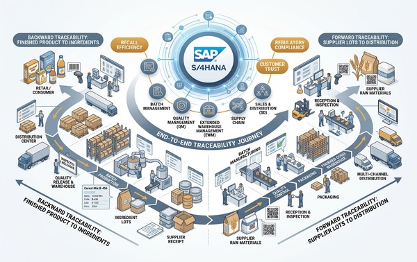 Enterprise 3D infographic illustrating food and beverage batch management and end-to-end forward and backward traceability with SAP S/4HANA.