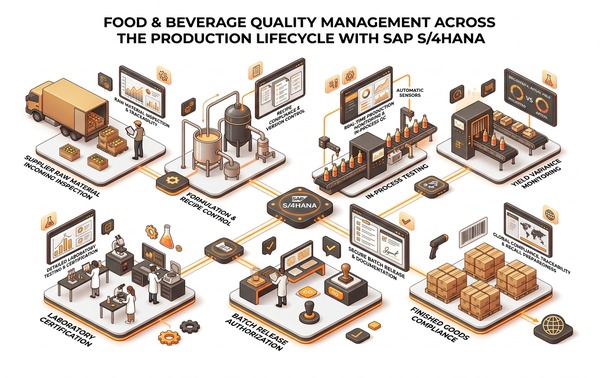 Professional B2B enterprise 3D infographic illustrating food and beverage quality management across the production lifecycle with SAP S/4HANA.