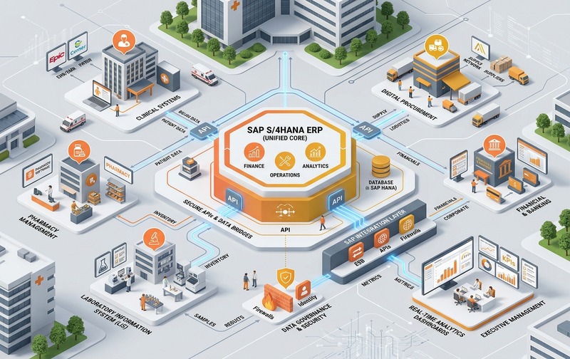 Enterprise healthcare technology architecture diagram illustrating SAP S/4HANA unified core integrating clinical EHR systems, pharmacy operations, LIS, and supplier procurement networks.