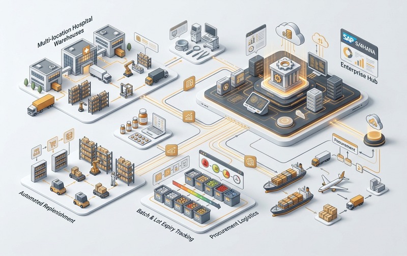 Strategic B2B process visual showing SAP S/4HANA healthcare supply chain and inventory management connecting multi-facility stock, automated replenishment, and batch/lot expiry tracking.