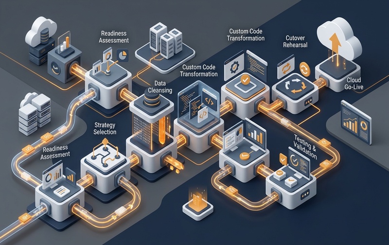 Enterprise 3D process workflow diagram illustrating SAP ECC to S/4HANA migration steps from readiness assessment, custom code and data cleansing, to testing, cutover, and cloud go-live.