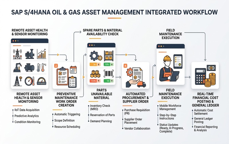 Integrated SAP S/4HANA Oil and Gas enterprise asset management workflow from sensor monitoring and maintenance work orders to spare parts procurement and financial cost posting
