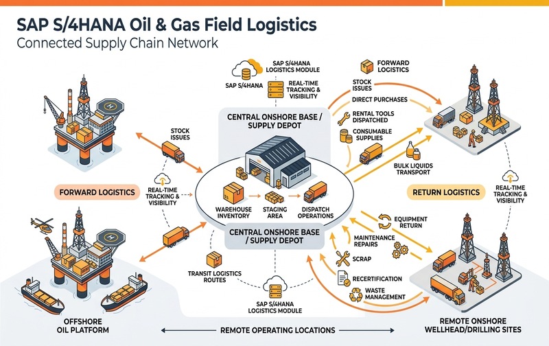 Strategic supply chain architecture diagram of SAP S/4HANA Field Logistics managing forward and return logistics between central supply bases and remote offshore and onshore operating sites