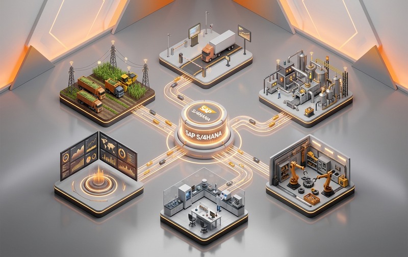 Enterprise technology architecture diagram illustrating SAP S/4HANA digital core for sugar manufacturers, unifying cane management, weighbridge automation, plant maintenance, quality laboratories, and executive financial controlling.