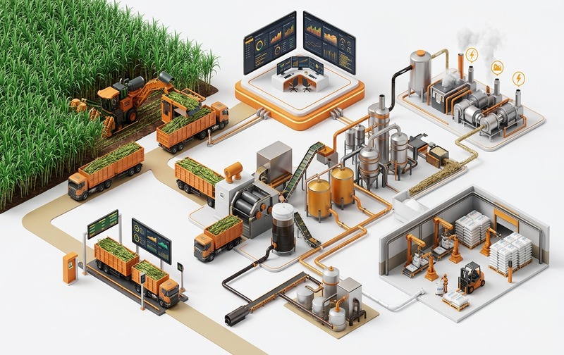 Strategic 3D enterprise infographic illustrating the end-to-end sugar manufacturing value chain and margin control points, from cane procurement and weighbridge arrival to milling, recovery optimization, by-product handling, and commercial dispatch.