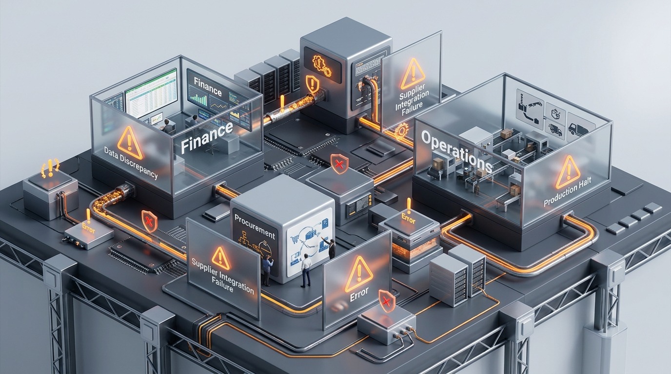 Conceptual 3D isometric diagram illustrating business risks, operational bottlenecks, and financial exposure in GROW with SAP cloud ERP implementation