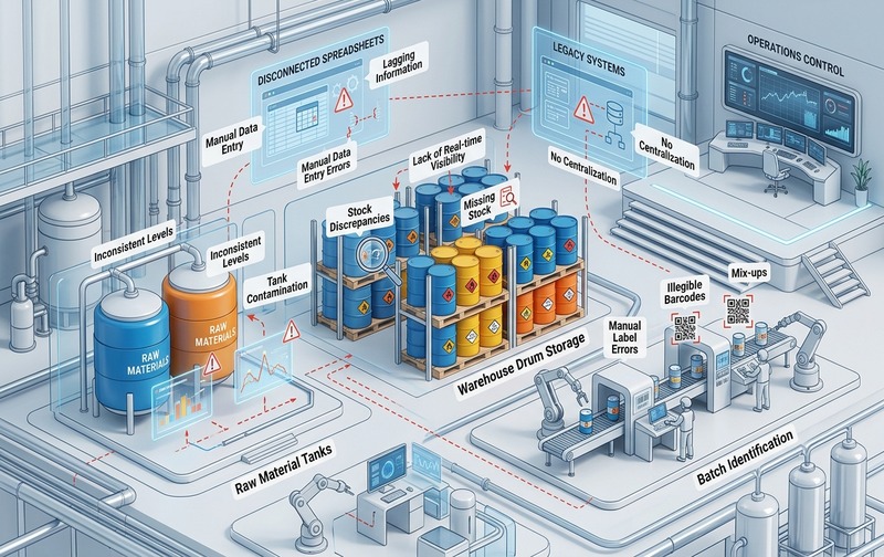 Enterprise 3D infographic illustrating inventory control challenges in chemical manufacturing, including raw material stock discrepancies, storage drum locations, batch identification, and disconnected spreadsheet records.