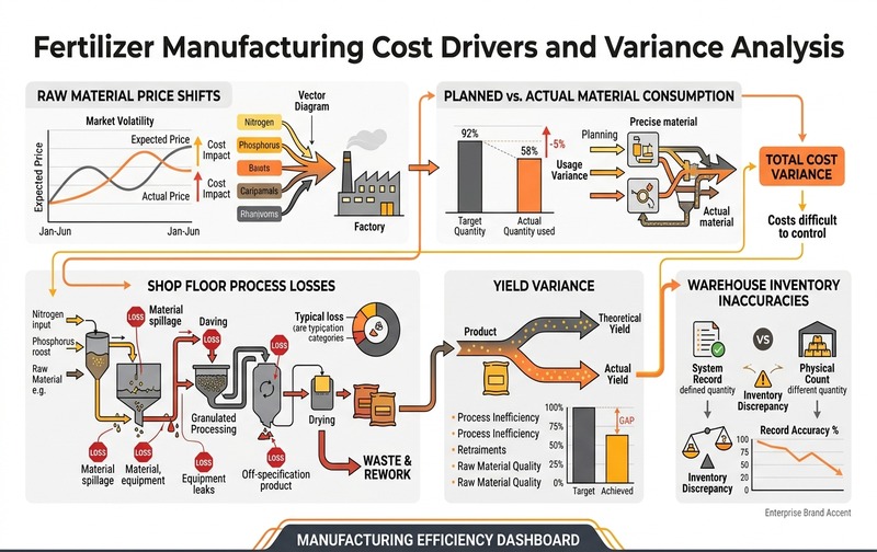 Enterprise infographic detailing root causes of rising fertilizer manufacturing costs, comparing raw material price shifts, planned versus actual consumption, shop-floor process losses, yield variance, and warehouse inventory inaccuracies.
