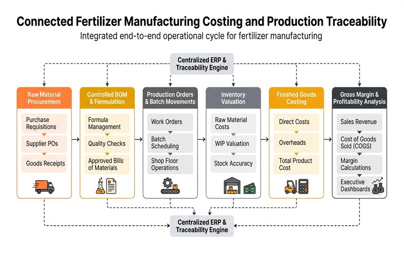 Comprehensive enterprise workflow diagram illustrating connected fertilizer manufacturing operational cycle from raw material procurement and BOM formulation through batch movements, inventory valuation, finished goods costing, and gross margin analysis.