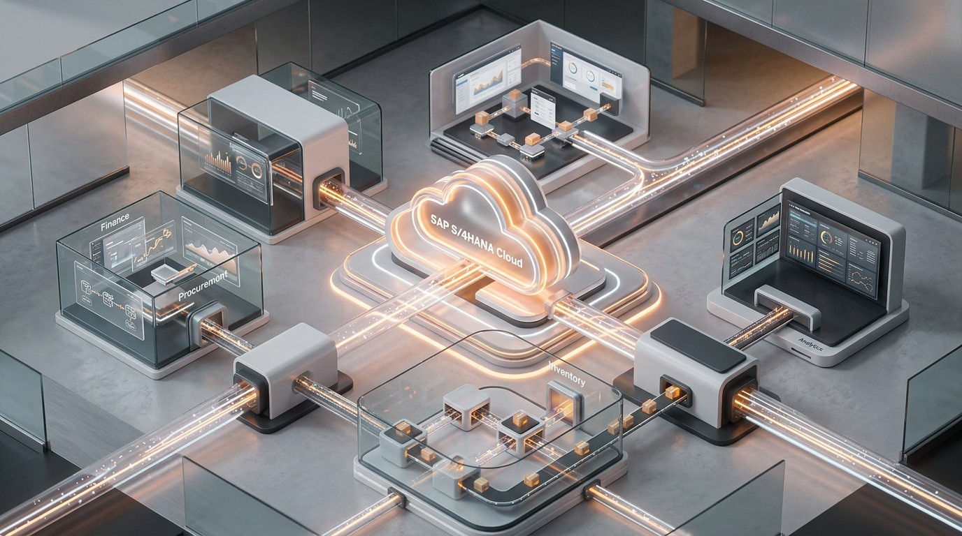 Modern 3D enterprise visual of GROW with SAP cloud ERP architecture unifying finance, procurement, sales, and operations on SAP S/4HANA Cloud