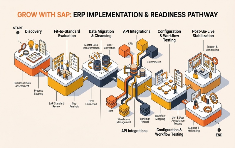 3D enterprise ERP implementation pathway illustrating discovery, fit-to-standard evaluation, data migration and cleansing, API integrations, configuration testing, and post-go-live stabilization.