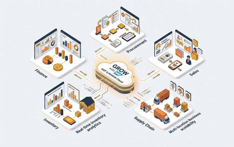 3D enterprise diagram showing GROW with SAP on SAP S/4HANA Cloud Public Edition connecting finance, procurement, sales, inventory, and supply chain processes for mid-sized businesses.