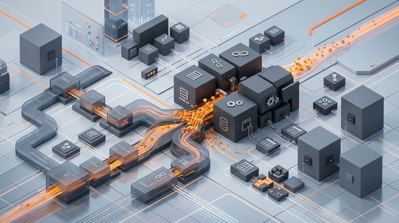 Conceptual enterprise illustration showing legacy software bottlenecks, fragmented applications, and data silos restricting mid-market business growth