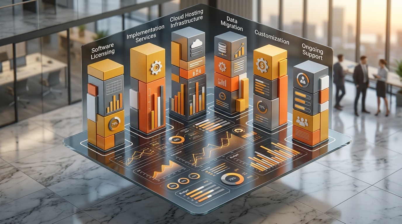 Modern 3D enterprise visual illustrating the six core components of SAP costs in India including licensing, implementation, cloud hosting, customization, data migration, and ongoing maintenance.