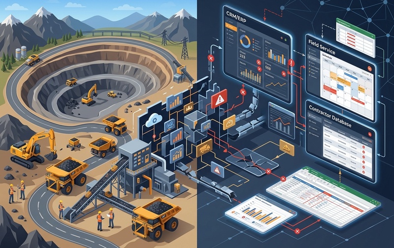 3D enterprise technology visual showing mining CRM integration challenges with disconnected ERP, field service, contractor databases, and spreadsheets across remote mine sites and headquarters.