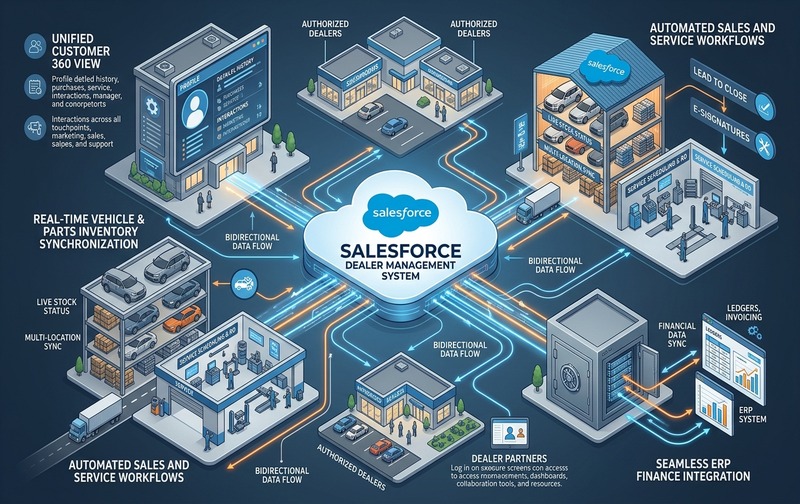 Connected Salesforce dealer management system architecture integrating sales, inventory, service and ERP finance