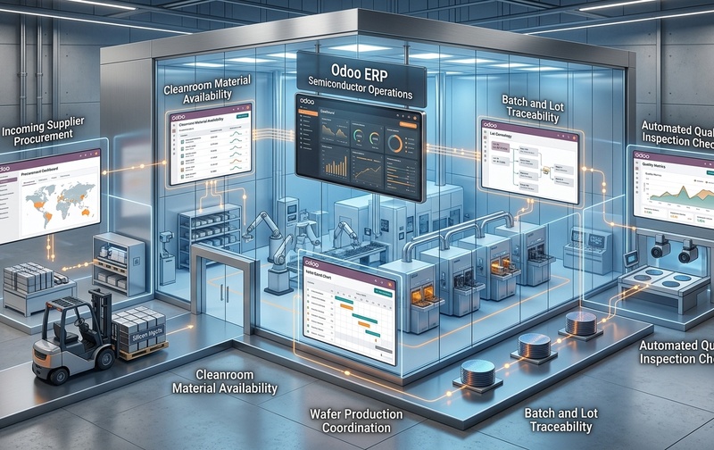 Modern 3D enterprise visual illustrating Odoo ERP semiconductor manufacturing operations connecting cleanroom material availability, batch and lot traceability, wafer production coordination, supplier procurement, and automated quality inspection.
