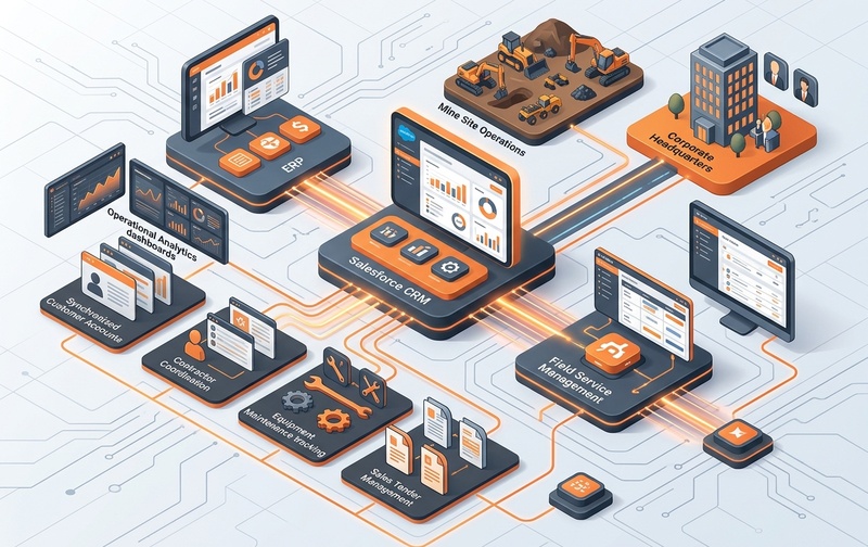 3D enterprise architecture diagram illustrating seamless Salesforce CRM integration with ERP and field-service systems for mining operations, connecting customer accounts, equipment maintenance, and tender workflows.