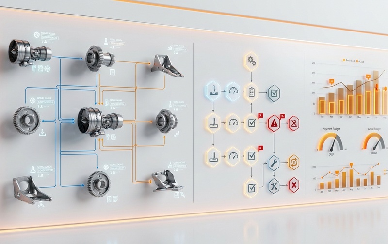 SAP S/4HANA aerospace component traceability, batch genealogy, AS9100 quality compliance, and real-time project variance analysis dashboard.