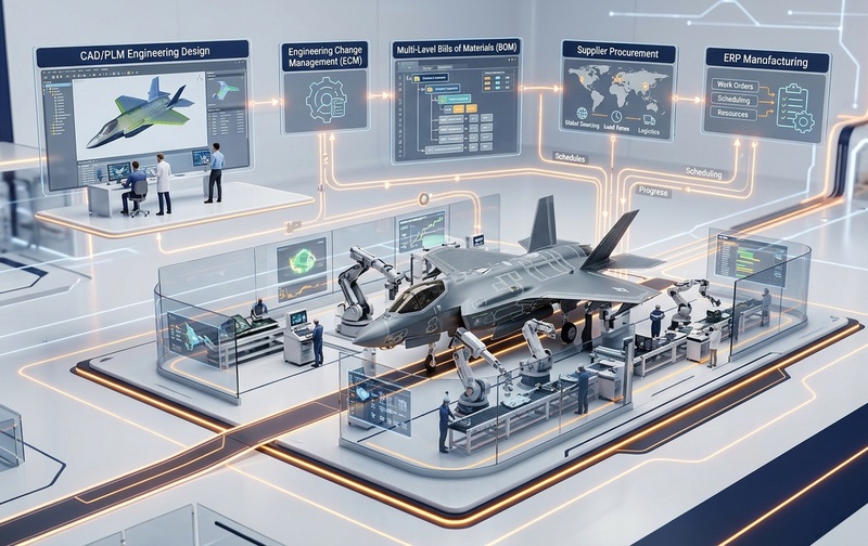Aerospace engineering and production planning workflow diagram showing multi-level BOMs, CAD/PLM integration, and shop-floor execution in SAP S/4HANA.
