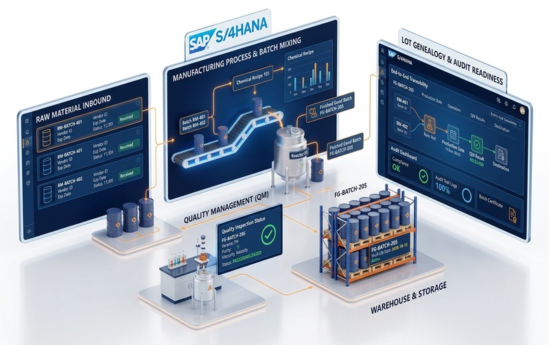 Enterprise 3D diagram illustrating SAP S/4HANA batch traceability and quality management in chemical manufacturing across raw material inbound, formulation recipe mixing, inspection status, and warehouse lot genealogy.