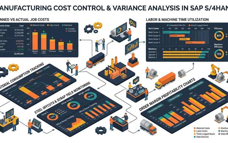 3D industrial analytics illustration showing SAP S/4HANA comparing planned vs actual job costs, material consumption tracking, steel offcuts and scrap yield monitoring, and order margin profitability.