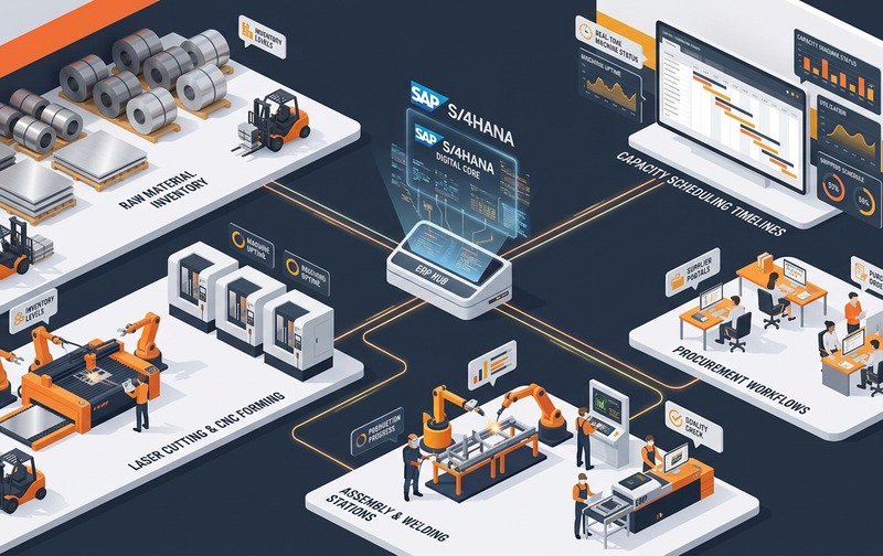 3D enterprise ERP diagram showing SAP S/4HANA connecting raw steel inventory, laser cutting and CNC forming, welding stations, capacity scheduling timelines, and procurement workflows in metal fabrication.