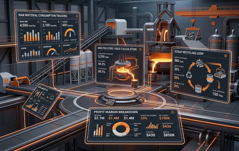 Enterprise financial and operational analytics dashboard showing real-time steel production costing, scrap variance analysis, yield management, and margin control in SAP S/4HANA.