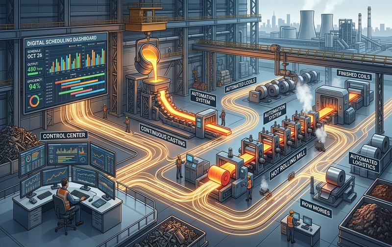 Enterprise 3D schematic illustrating SAP S/4HANA production planning and process control in iron and steel manufacturing, connecting scheduling, capacity, orders, and shop-floor execution.