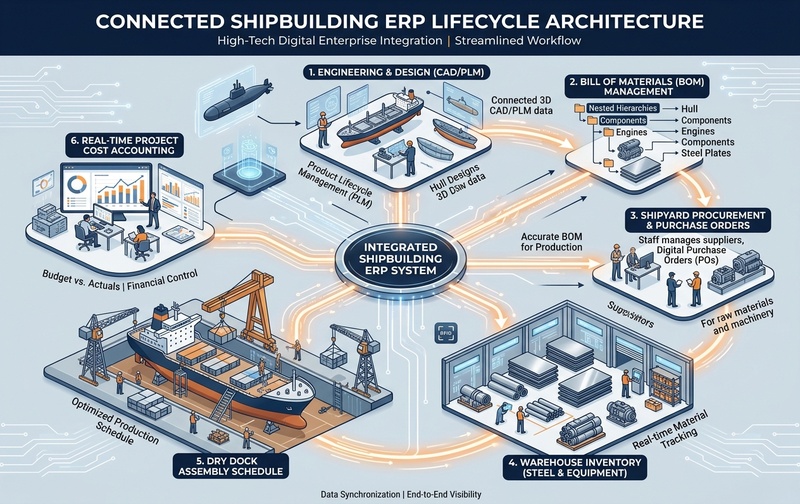 End-to-end shipbuilding project lifecycle architecture in Odoo ERP, connecting CAD/PLM engineering design, bills of materials, shipyard procurement, warehouse inventory, dry dock assembly schedule, and real-time cost accounting.