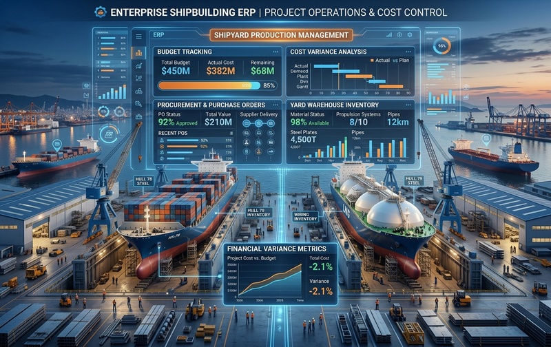 Shipbuilding project cost and operational control dashboard in Odoo ERP, tracking vessel construction budgets, procurement commitments, yard inventory availability, and production orders.