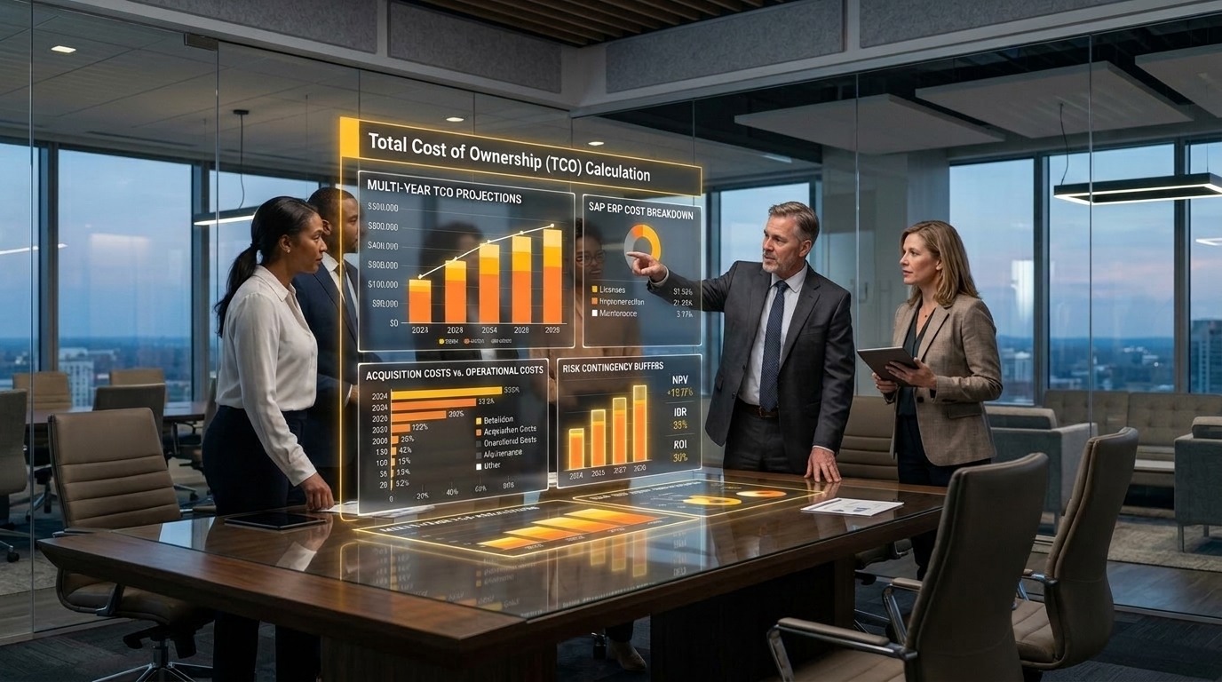 Executive financial planning diagram showing a structured framework for calculating multi-year Total Cost of Ownership (TCO) and budgeting for SAP implementation in Indian enterprises.