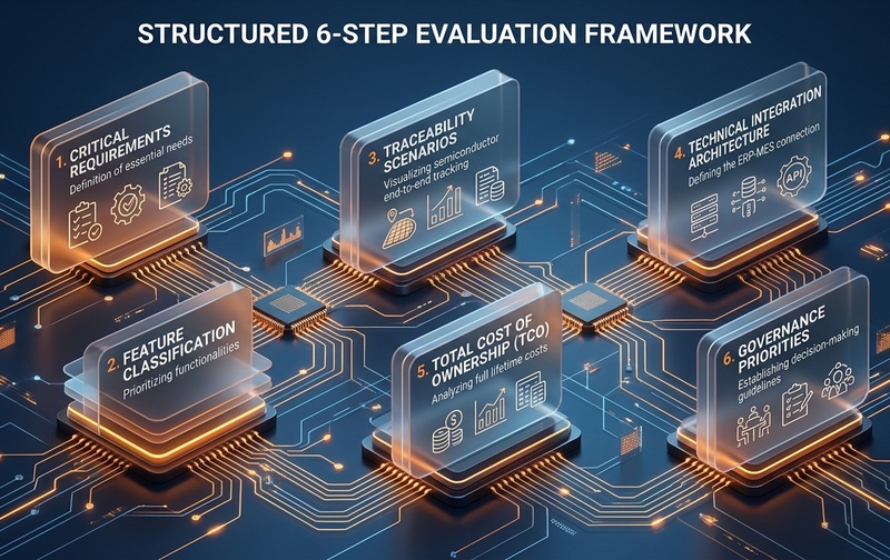 Executive 3D framework diagram displaying the 6-step evaluation roadmap for semiconductor ERP: critical business requirements, feature classification, traceability testing, technical integration architecture, total cost of ownership, and governance priorities.