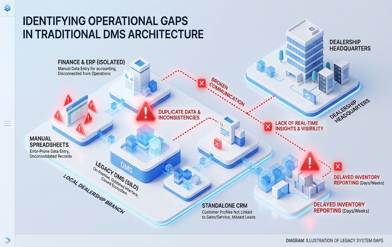 Operational gaps in traditional dealer management systems across disconnected spreadsheets, legacy DMS, CRM and ERP