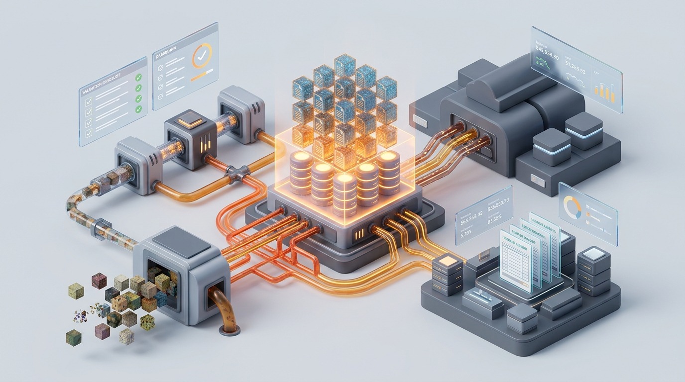 3D isometric visualization of data migration pipelines, financial reconciliation processes, and master data validation for cloud ERP